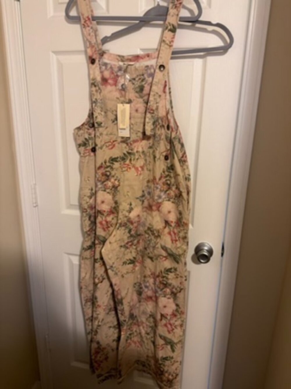 Blue B Floral Print Boho Overalls Jumpsuit Taupe Large NWT